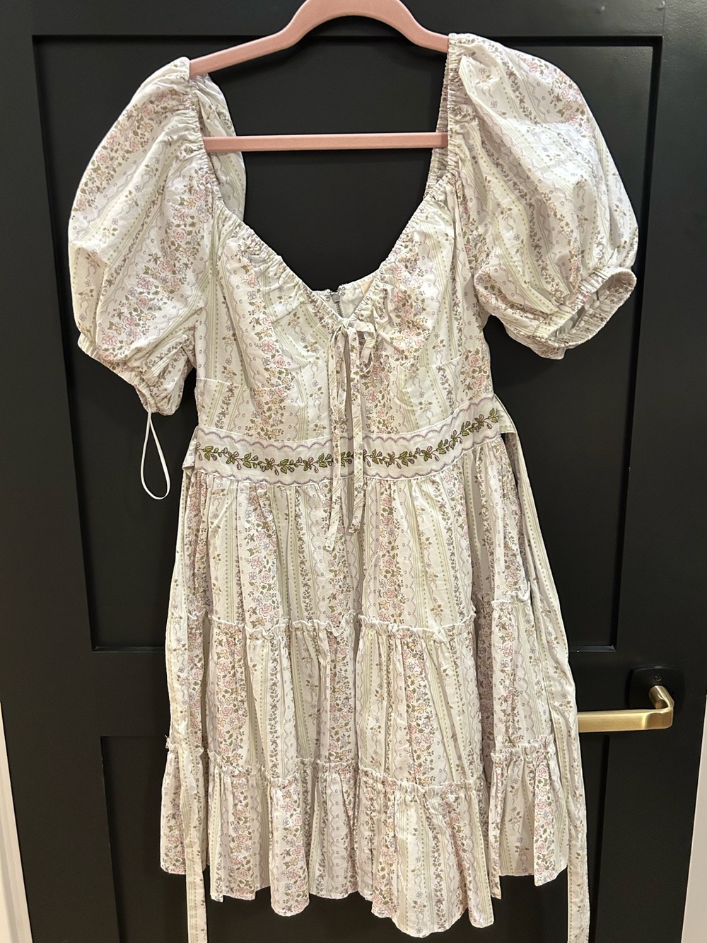 Floral Puff-Sleeve Tiered Mini Dress in Cream - Picture 1 of 7